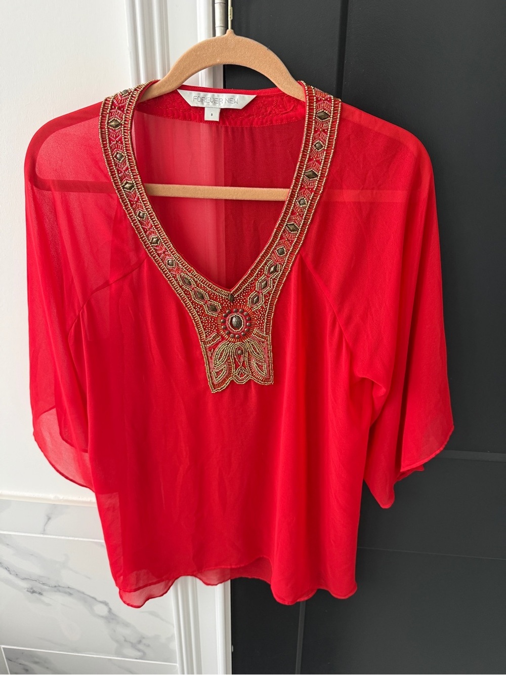 Forever New Red Beaded V-Neck Tunic Top